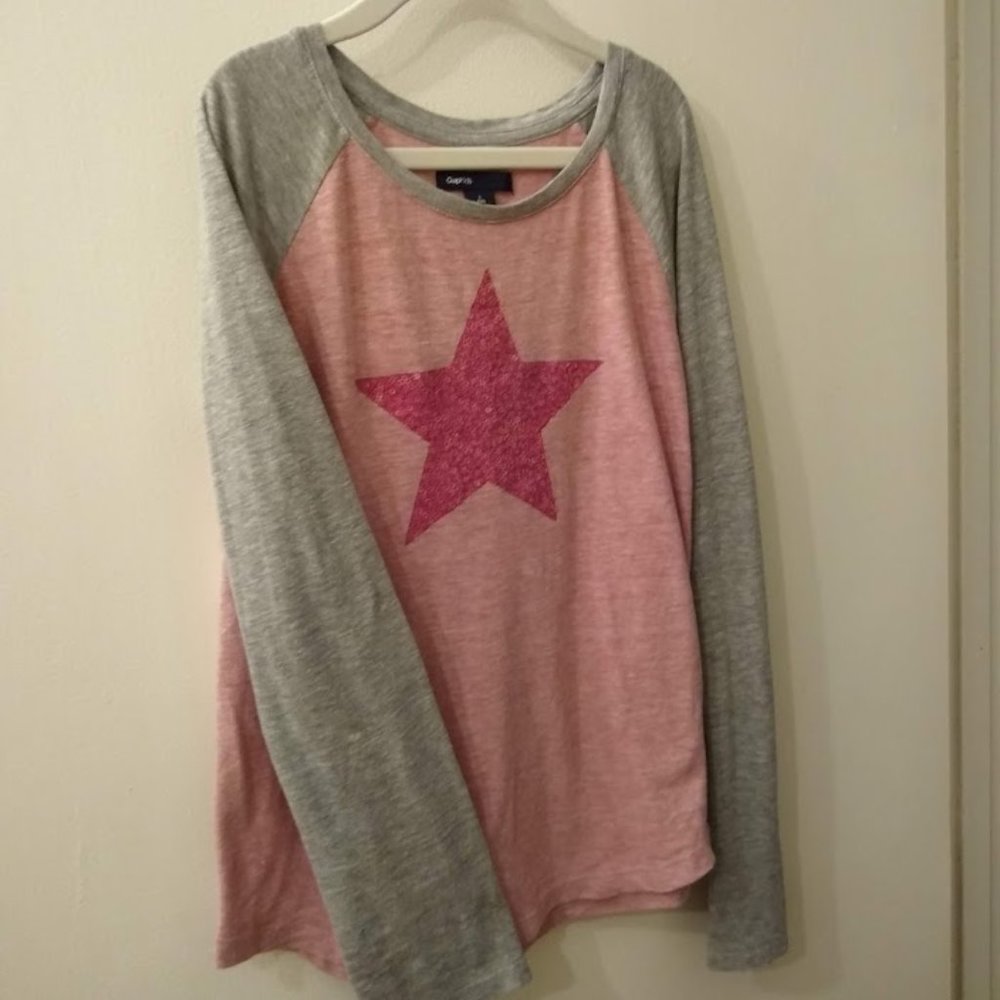 GAP Kids sequin star shirt, pink and gray, girls L